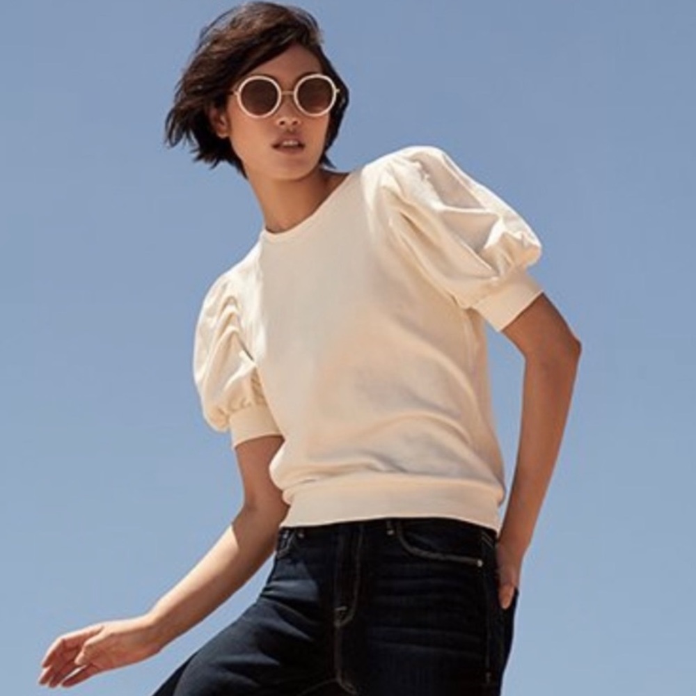 NWT Frame Puff Sleeve Cotton Sweatshirt Pullover Top in Cream Size Small